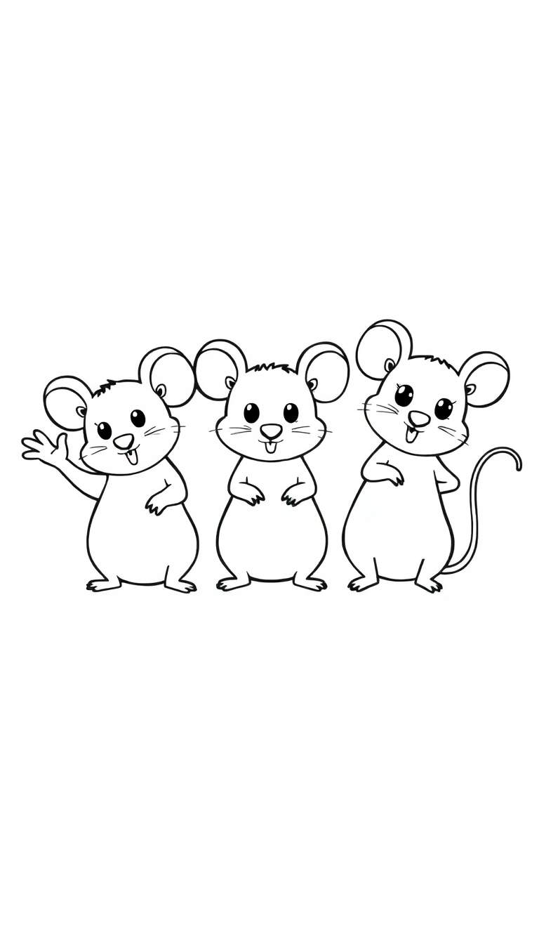 Een zwart-wit kleurplaat van drie schattige cartoonmuisjes.