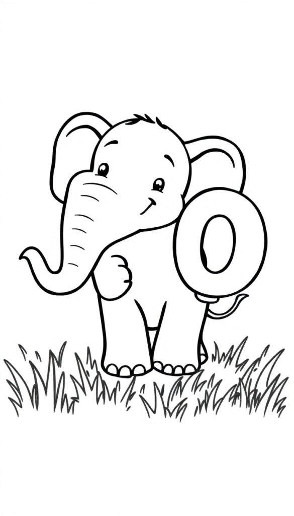 Kleurplaat: Een cartoon-olifant met dikke lijnen die een grote letter O in zijn slurf vasthoudt in een grasveld.