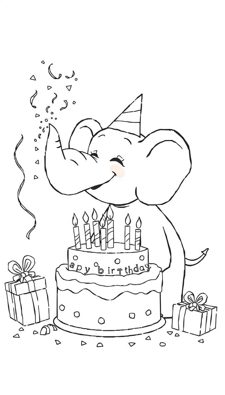 Zwart-wit kleurplaat van een feestvierende olifant met een verjaardagshoed die confetti blaast bij een taart.