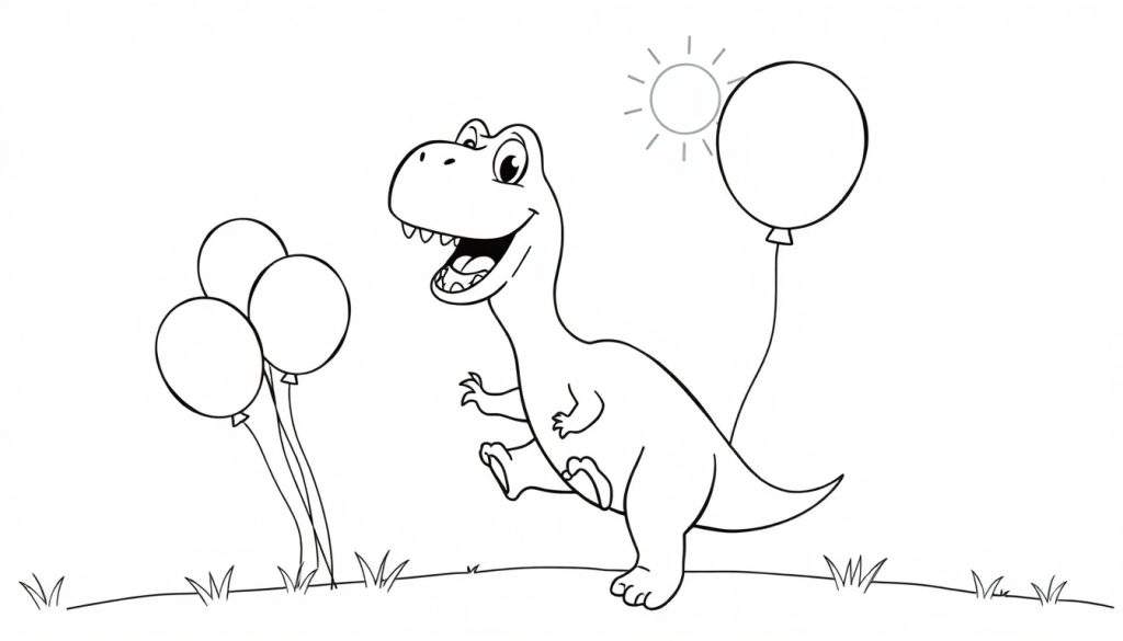 Kleurplaat van een vrolijke T-Rex met ballonnen en gras.