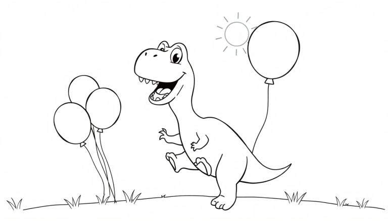 Kleurplaat van een vrolijke T-Rex met ballonnen en gras.