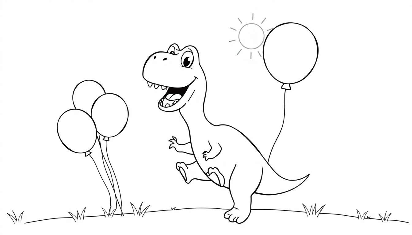 Kleurplaat van een vrolijke T-Rex met ballonnen en gras.