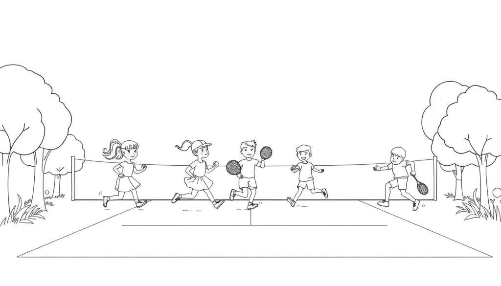 Zwart-witte kleurplaat van vijf kinderen die tennis spelen in een park.