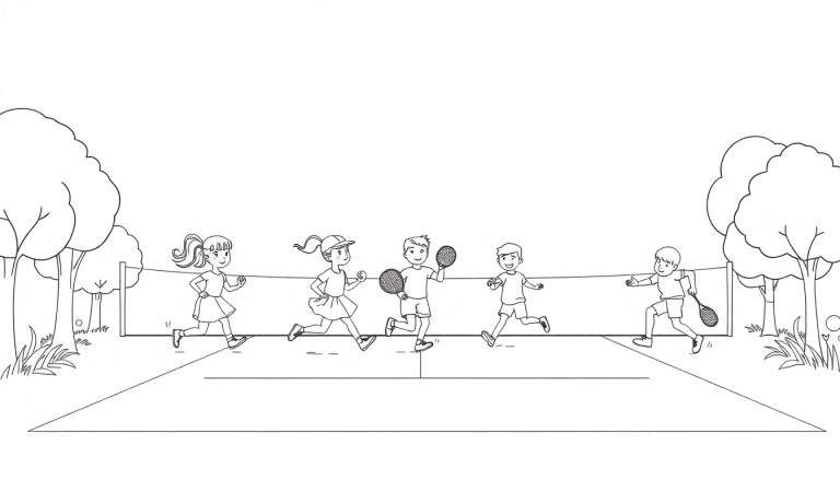 Zwart-witte kleurplaat van vijf kinderen die tennis spelen in een park.