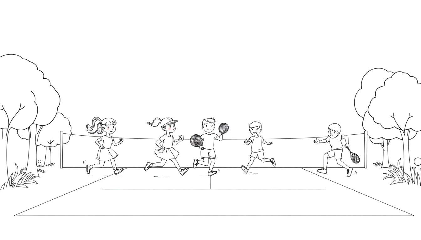 Zwart-witte kleurplaat van vijf kinderen die tennis spelen in een park.