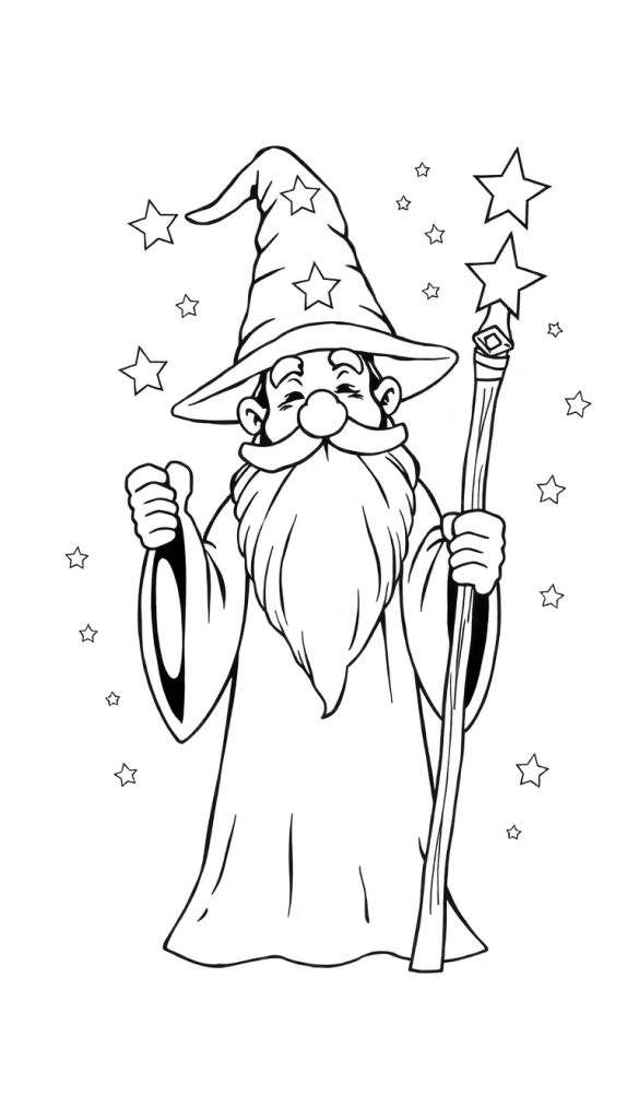 Kleurplaat van een lachende tovenaar met een puntige hoed en toverstaf.