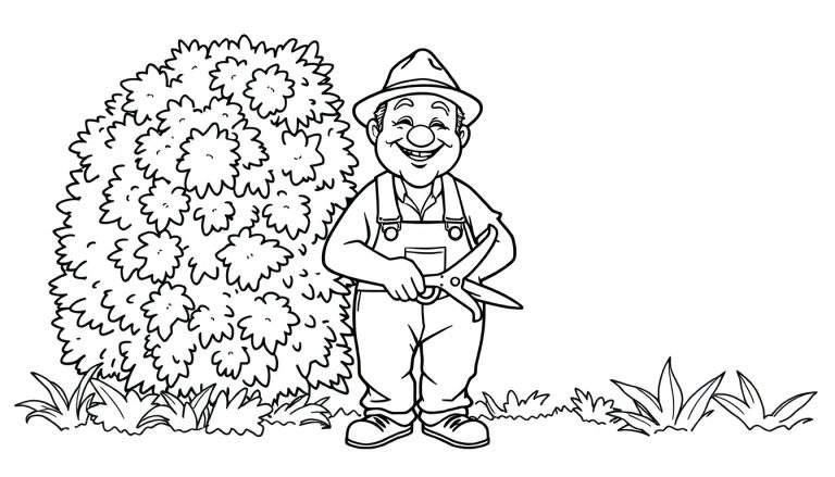 Kleurplaat van een tuinman met een heggenschaar die een struik knipt.