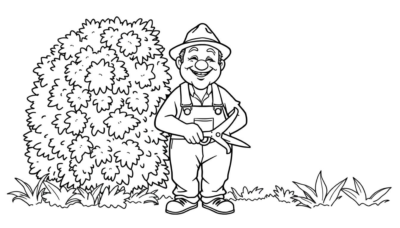 Kleurplaat van een tuinman met een heggenschaar die een struik knipt.