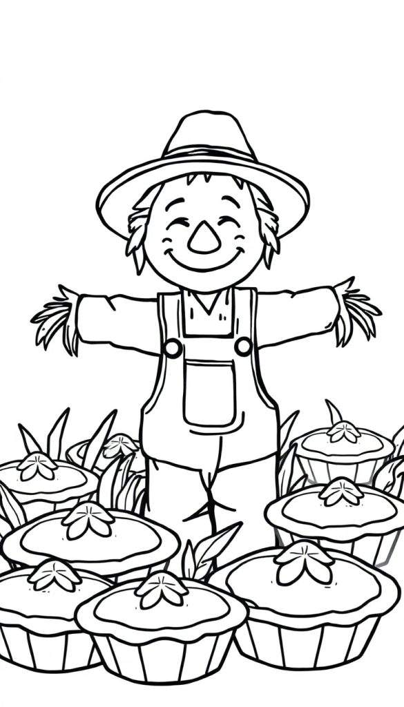 Kleurplaat van een vrolijke vogelverschrikker met taarten.