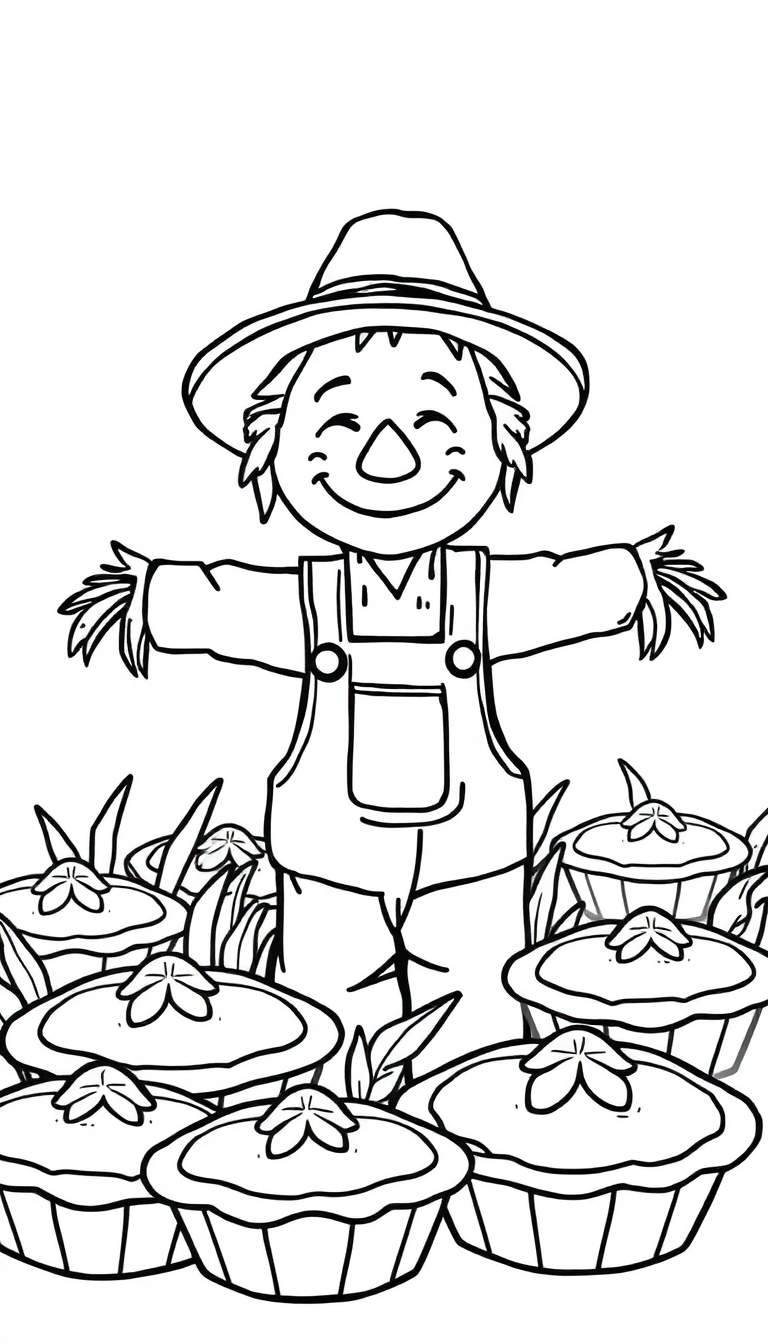 Kleurplaat van een vrolijke vogelverschrikker met taarten.