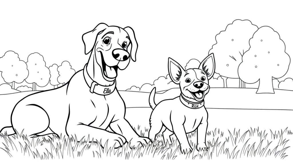 Kleurplaat: een grote dog genaamd Ella en een kleine chihuahua genaamd Rox spelen vrolijk in een park.