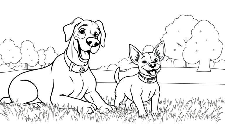 Kleurplaat: een grote dog genaamd Ella en een kleine chihuahua genaamd Rox spelen vrolijk in een park.