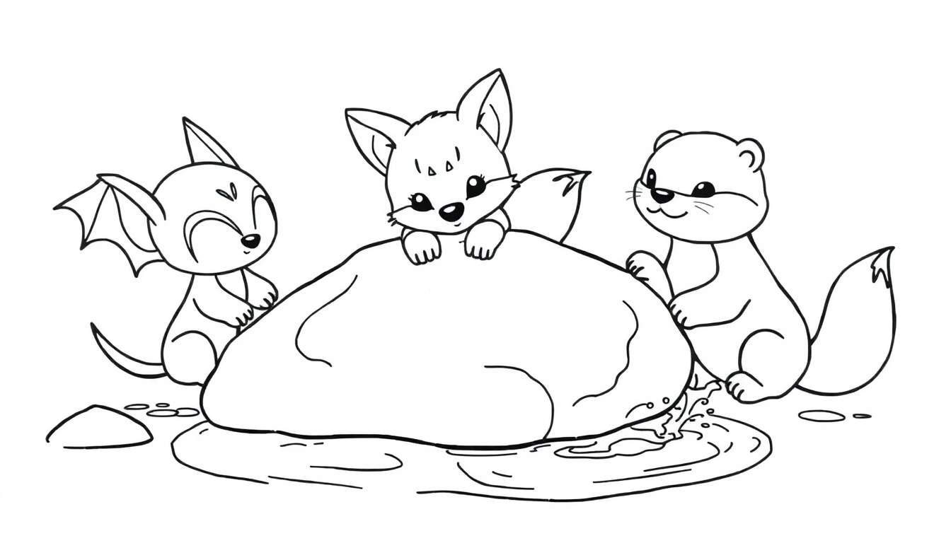 Kleurplaat van een draak, een vos en een otter die vrolijk spelen bij een steen in het water.