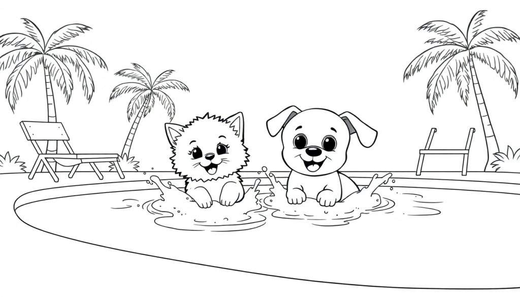 Kleurplaat van een vrolijke poes en hond die samen zwemmen in een zwembad met palmbomen op de achtergrond.