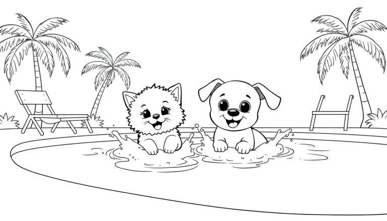 Kleurplaat van een vrolijke poes en hond die samen zwemmen in een zwembad met palmbomen op de achtergrond.