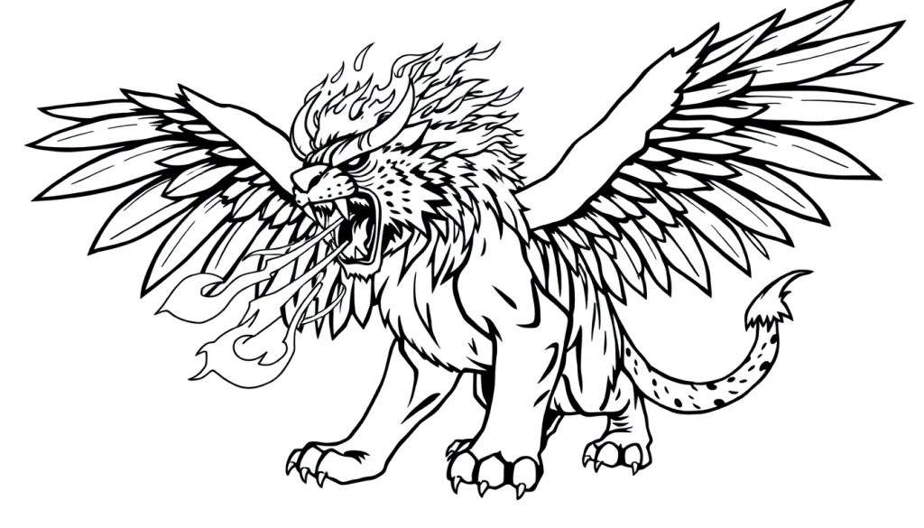 Kleurplaat van een boze gevleugelde leeuw met vuurmanen en vuurspuwend, klaar om te vechten.