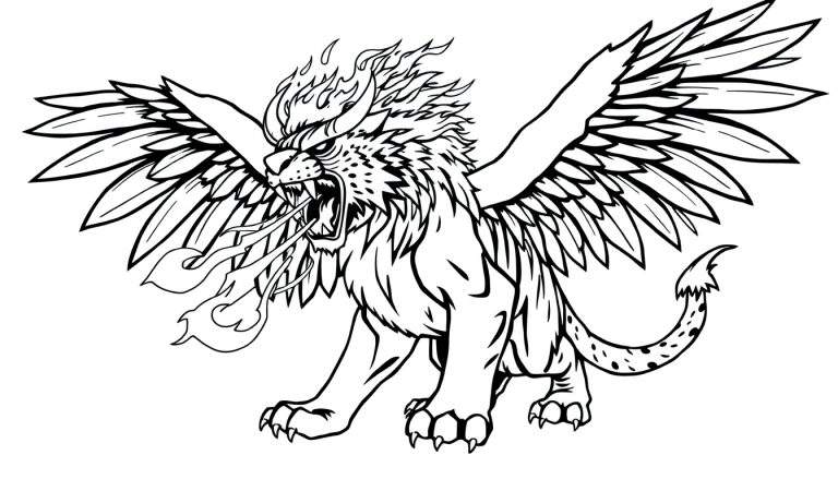 Kleurplaat van een boze gevleugelde leeuw met vuurmanen en vuurspuwend, klaar om te vechten.