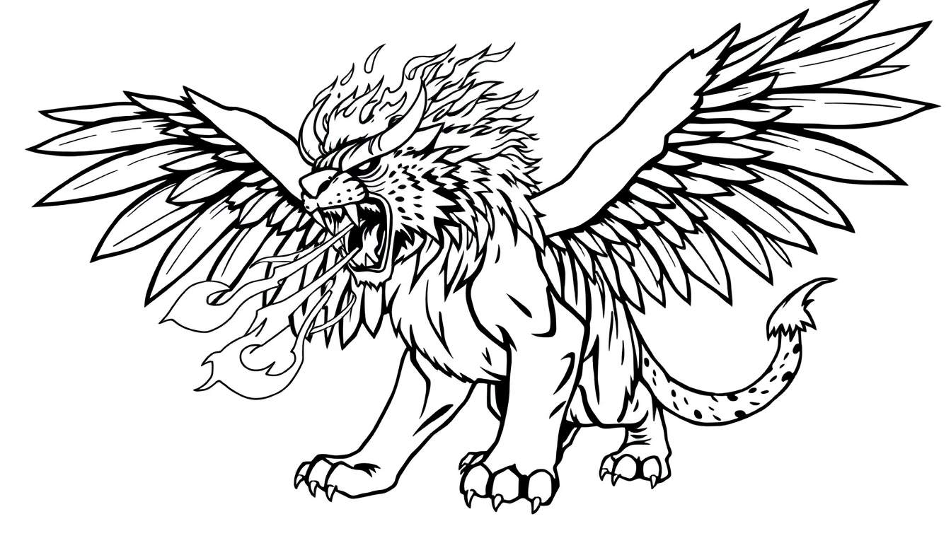 Kleurplaat van een boze gevleugelde leeuw met vuurmanen en vuurspuwend, klaar om te vechten.