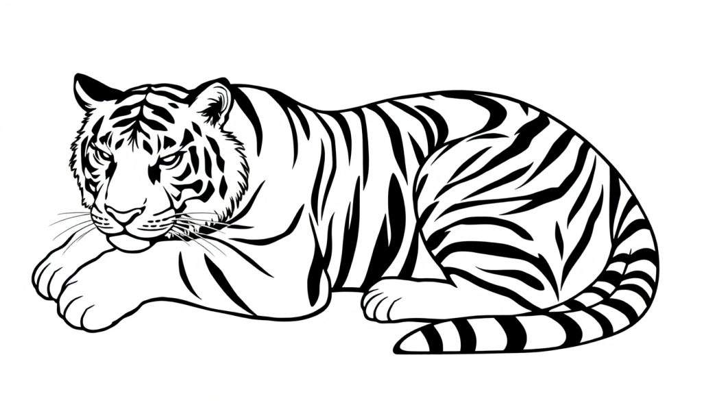 Een woeste, gestreepte tijger in een zwart-witte kleurplaat.