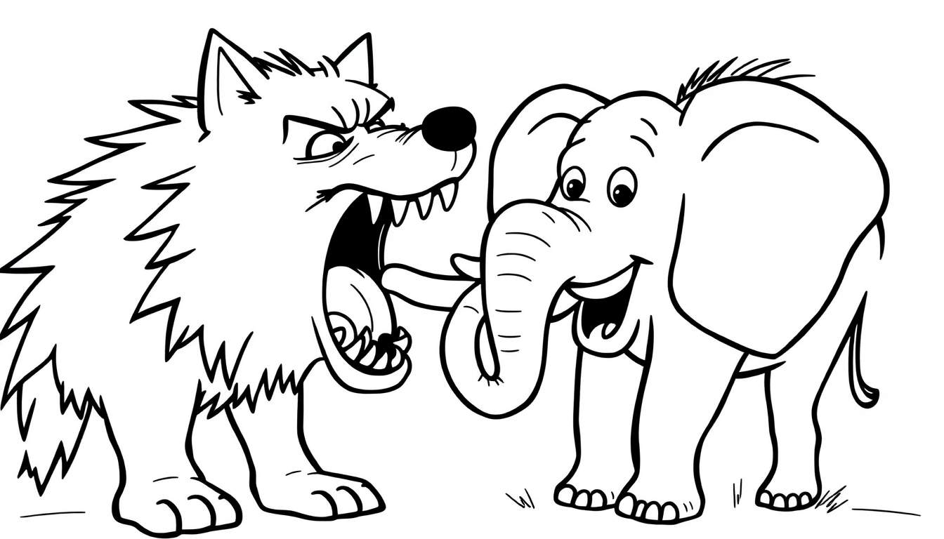 Kleurplaat van een boze wolf die probeert een blije olifant op te eten.