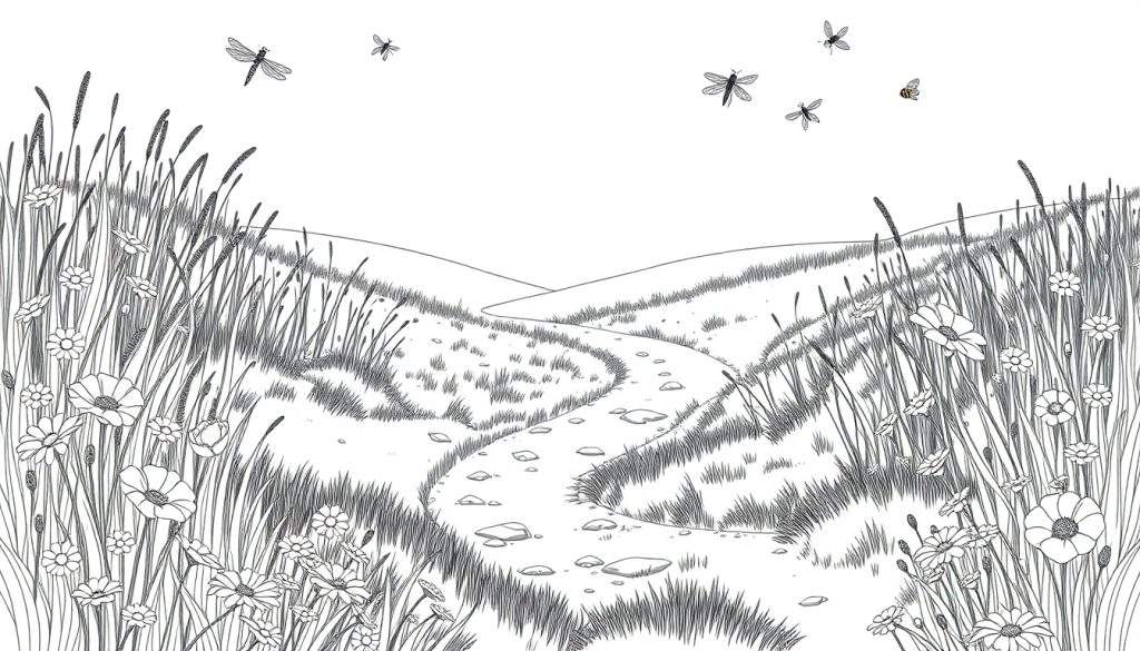 Kleurplaat van een zomerweide met hoog gras, bloemen, een pad en insecten.