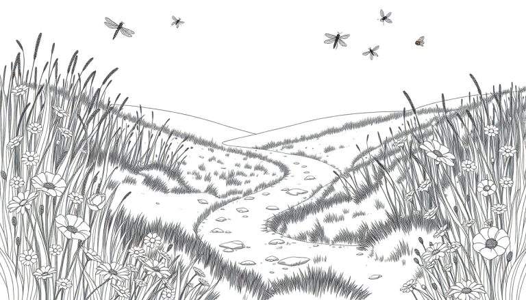 Kleurplaat van een zomerweide met hoog gras, bloemen, een pad en insecten.