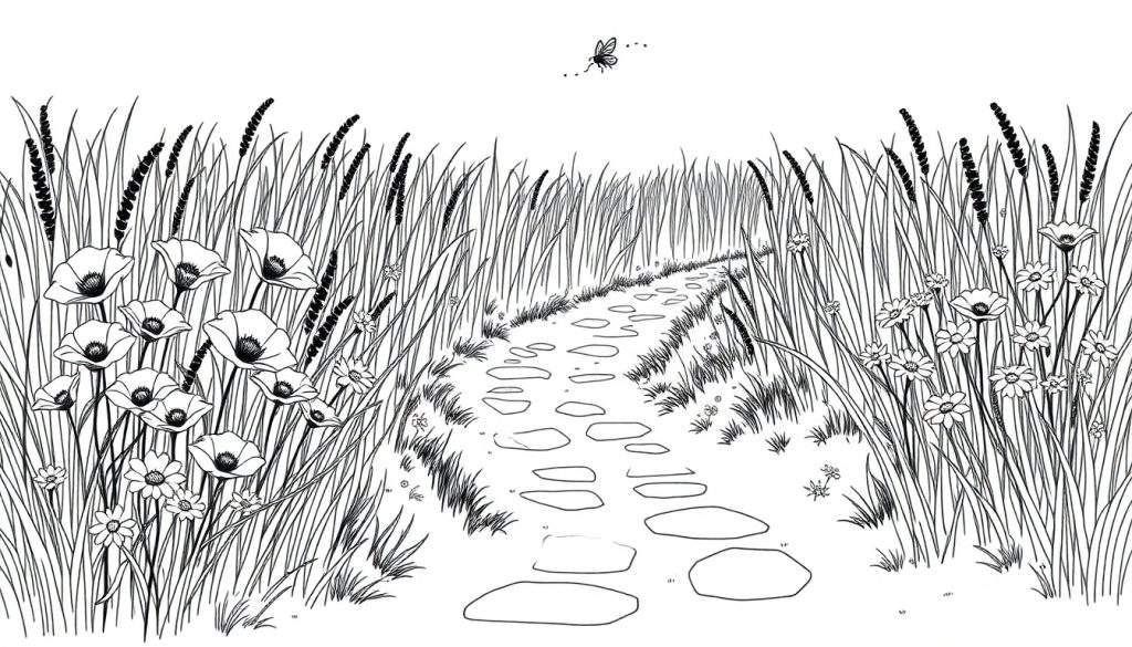 Kleurplaat van een zomerse weide met een pad, klaprozen, margrieten en vliegende insecten.