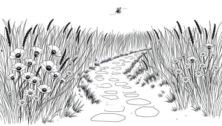 Kleurplaat van een zomerse weide met een pad, klaprozen, margrieten en vliegende insecten.