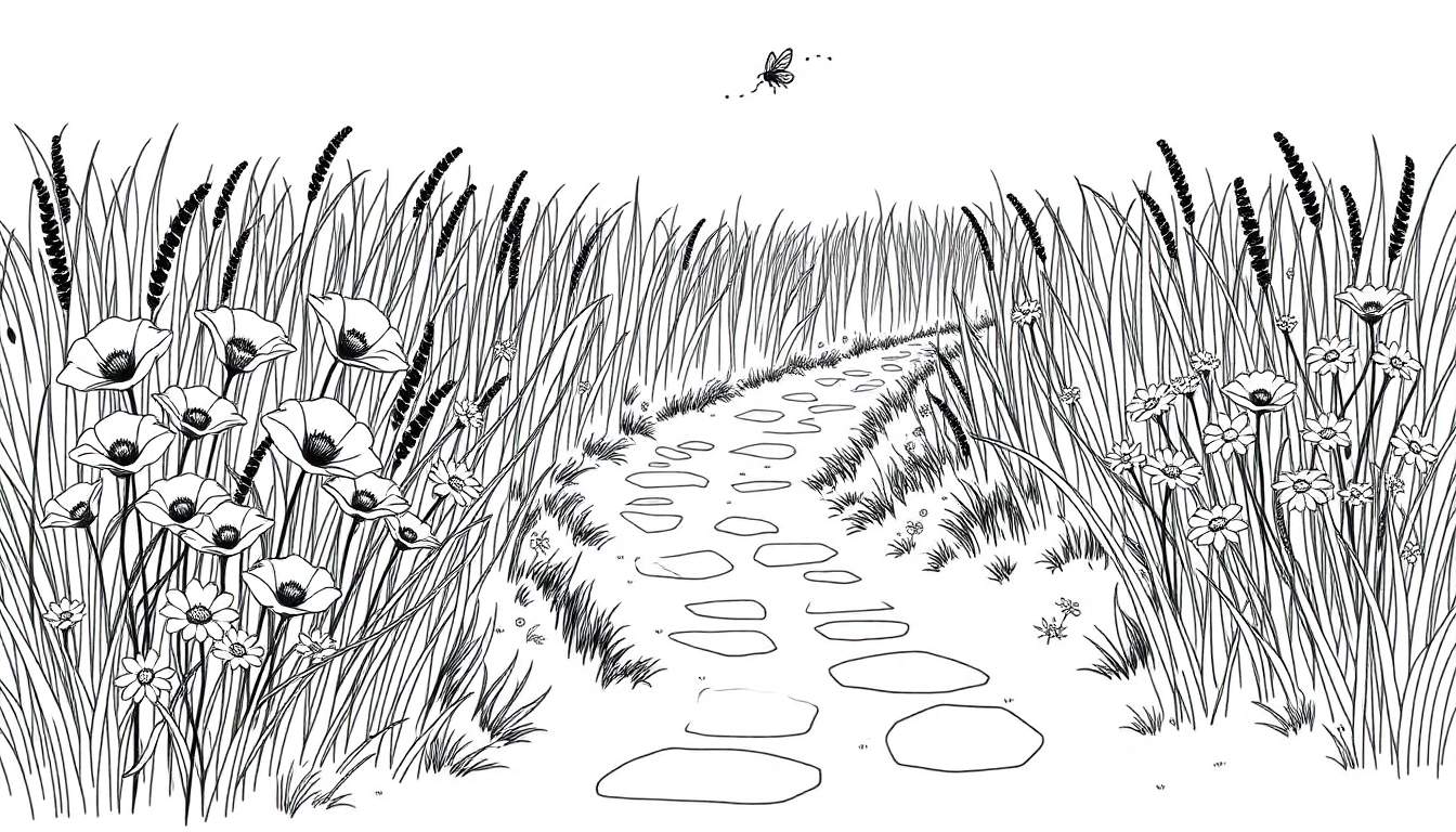 Kleurplaat van een zomerse weide met een pad, klaprozen, margrieten en vliegende insecten.