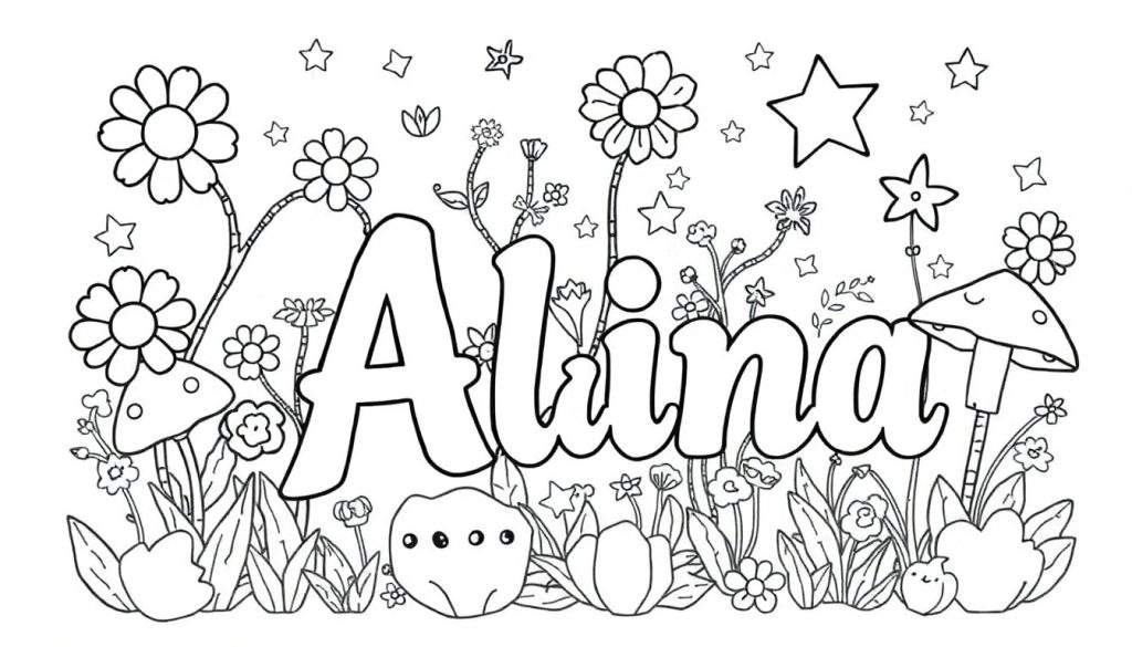 Kleurplaat met de naam Alina, omringd door bloemen, paddenstoelen en sterren.