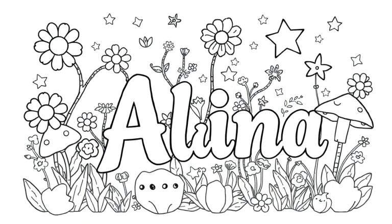 Kleurplaat met de naam Alina, omringd door bloemen, paddenstoelen en sterren.
