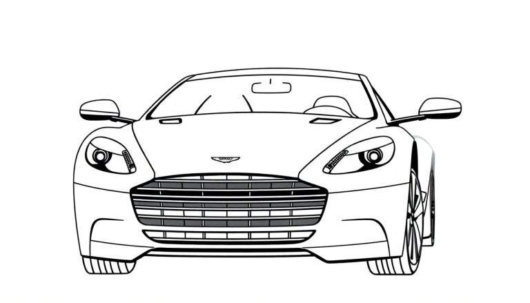 Kleurplaat van een Aston Martin sportwagen, frontaal aanzicht.