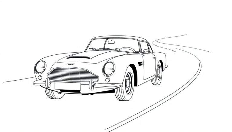 Kleurplaat van een Aston Martin auto in lijntekening.