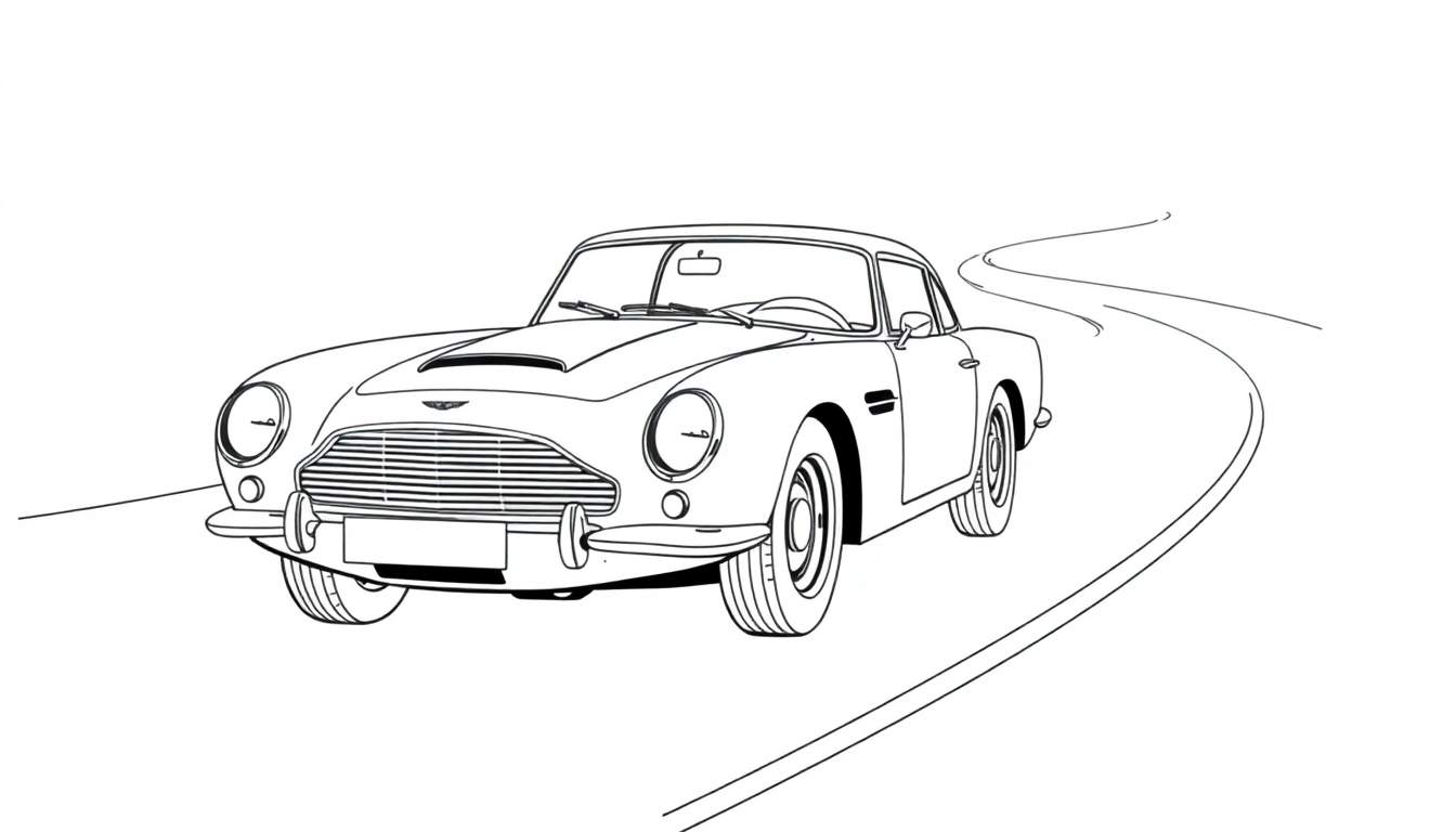 Kleurplaat van een Aston Martin auto in lijntekening.