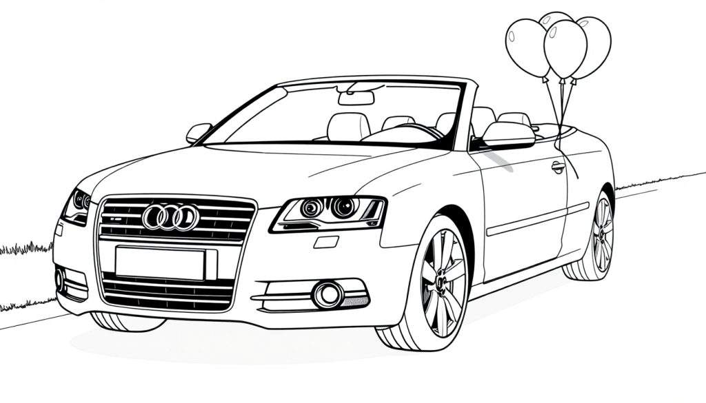 Kleurplaat van een Audi A6 cabriolet met ballonnen.