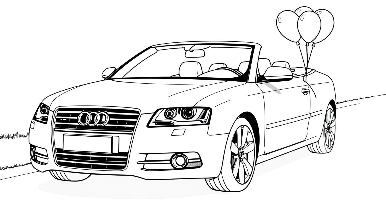 Kleurplaat van een Audi A6 cabriolet met ballonnen.
