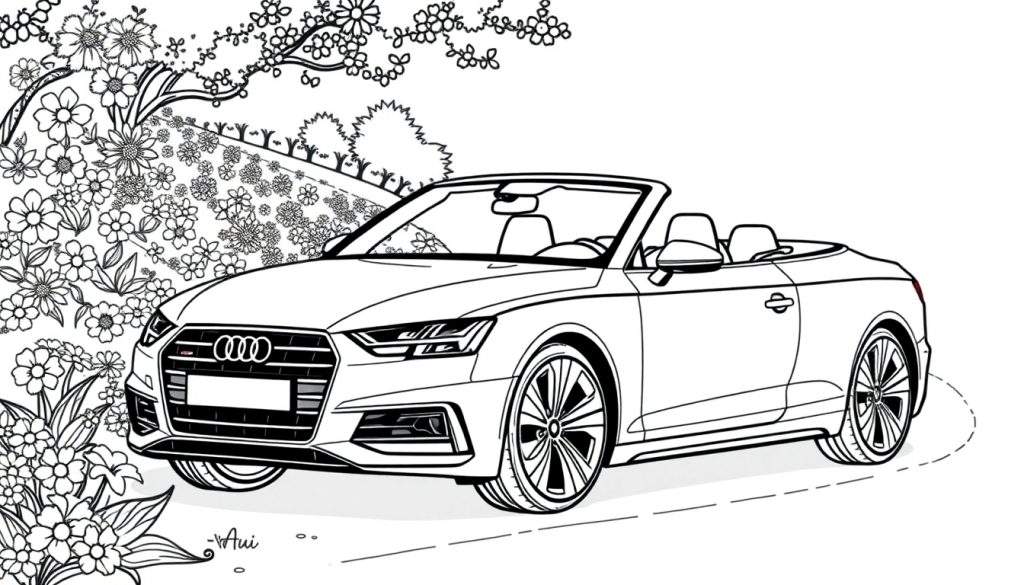 Kleurplaat van een Audi A6 Cabriolet, geparkeerd in een bloeiende tuin.