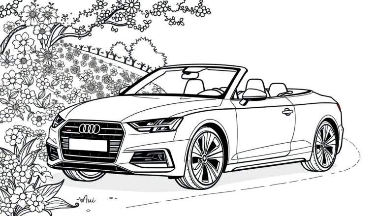 Kleurplaat van een Audi A6 Cabriolet, geparkeerd in een bloeiende tuin.