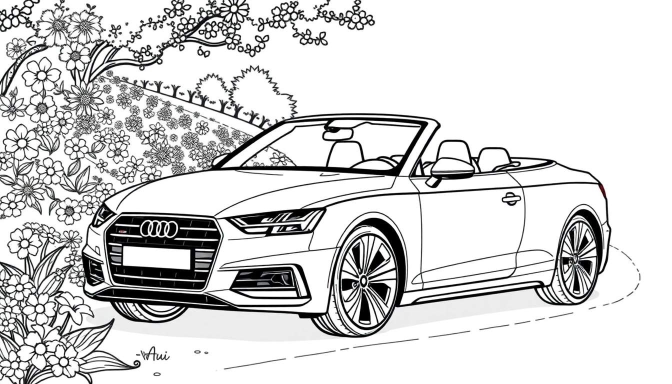 Kleurplaat van een Audi A6 Cabriolet, geparkeerd in een bloeiende tuin.