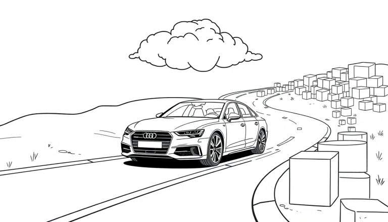Gestileerde zwart-wit kleurplaat van een Audi A6 op een weg met berglandschap en abstracte stadselementen.