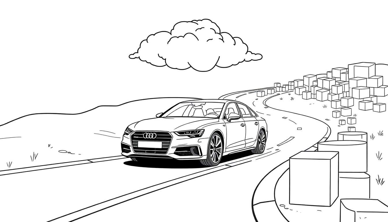 Gestileerde zwart-wit kleurplaat van een Audi A6 op een weg met berglandschap en abstracte stadselementen.