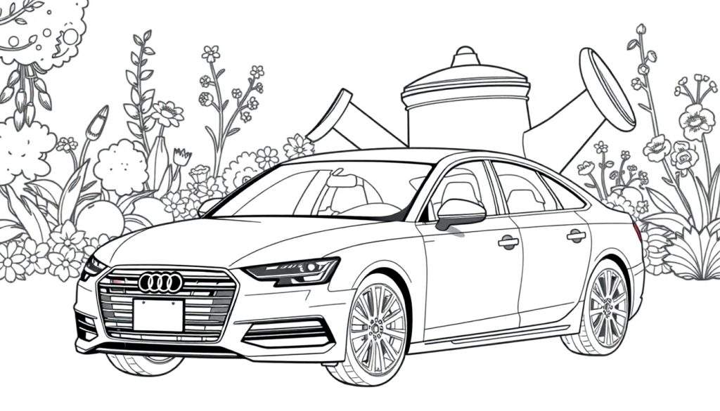 Zwart-wit kleurplaat van een Audi A6 geparkeerd in een bloementuin.