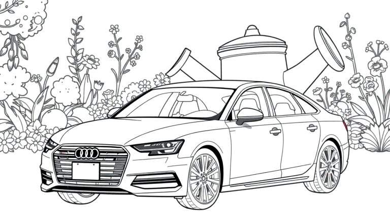 Zwart-wit kleurplaat van een Audi A6 geparkeerd in een bloementuin.