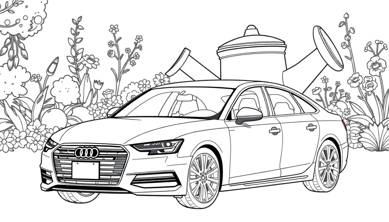 Zwart-wit kleurplaat van een Audi A6 geparkeerd in een bloementuin.