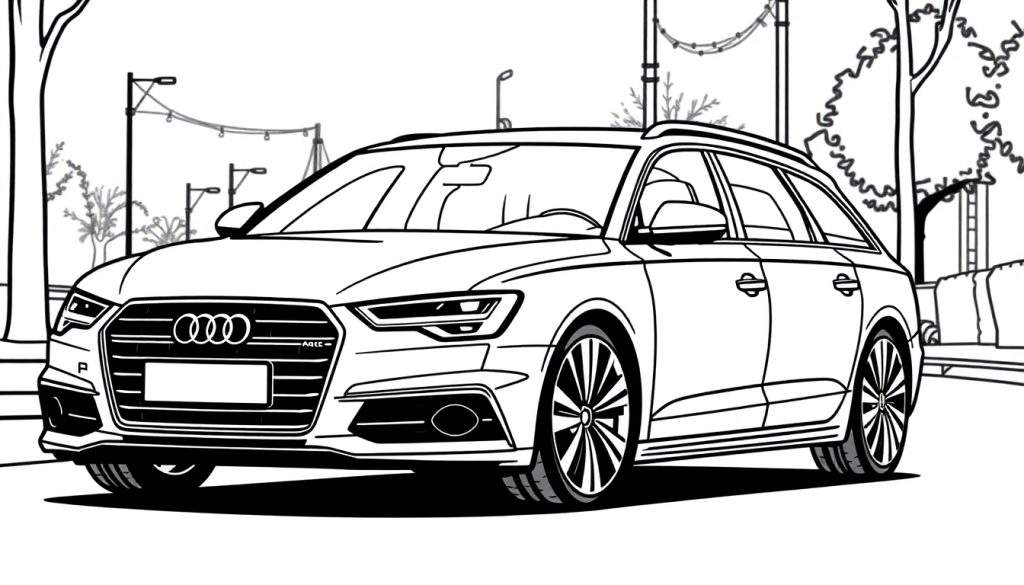 Kleurplaat van een Audi A6 stationwagon in de stad.