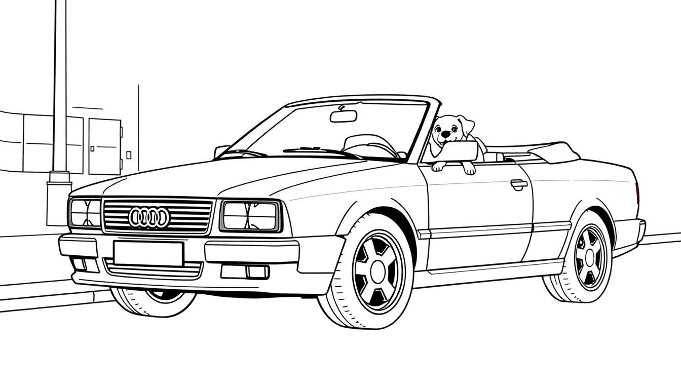 Een kleurplaat van een klassieke Audi cabriolet met een hondje.