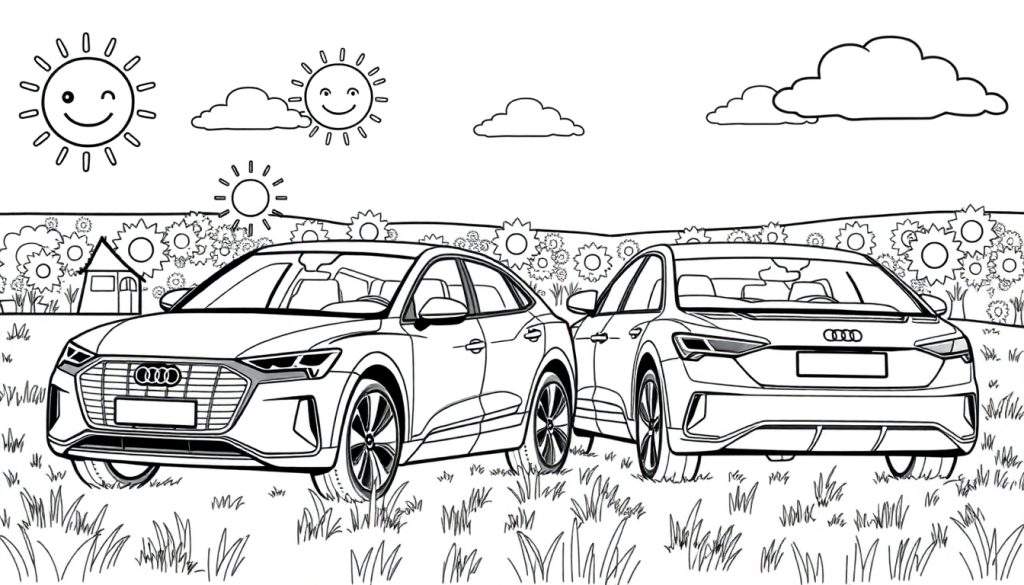 Kleurplaat van twee Audi auto's in een zonnig landschap met gezichten op de zon.