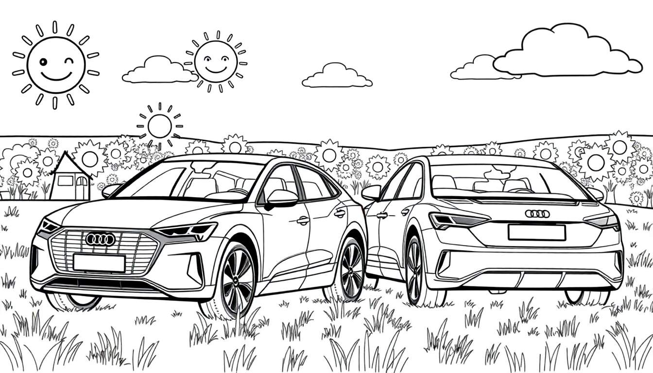 Kleurplaat van twee Audi auto's in een zonnig landschap met gezichten op de zon.
