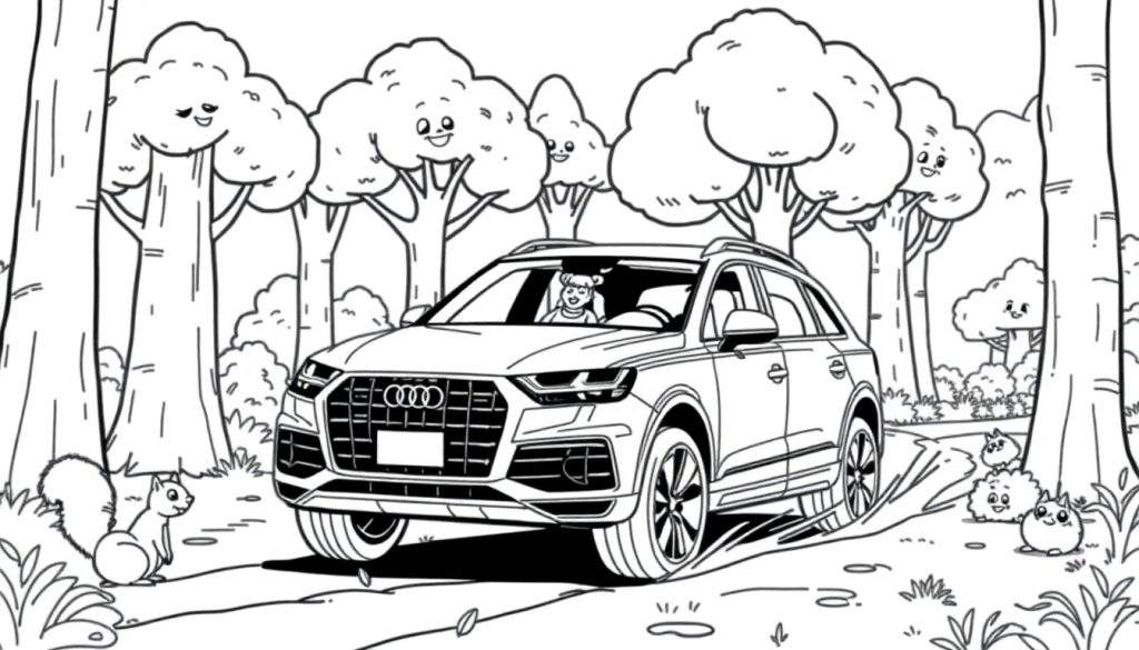 Kleurplaat van een Audi Q7 met een kind, bomen met gezichten, een eekhoorn en donzige dieren.