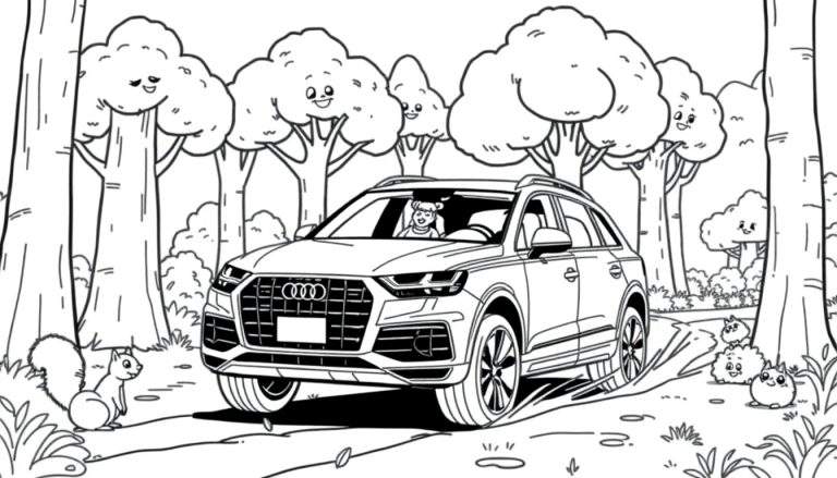 Kleurplaat van een Audi Q7 met een kind, bomen met gezichten, een eekhoorn en donzige dieren.